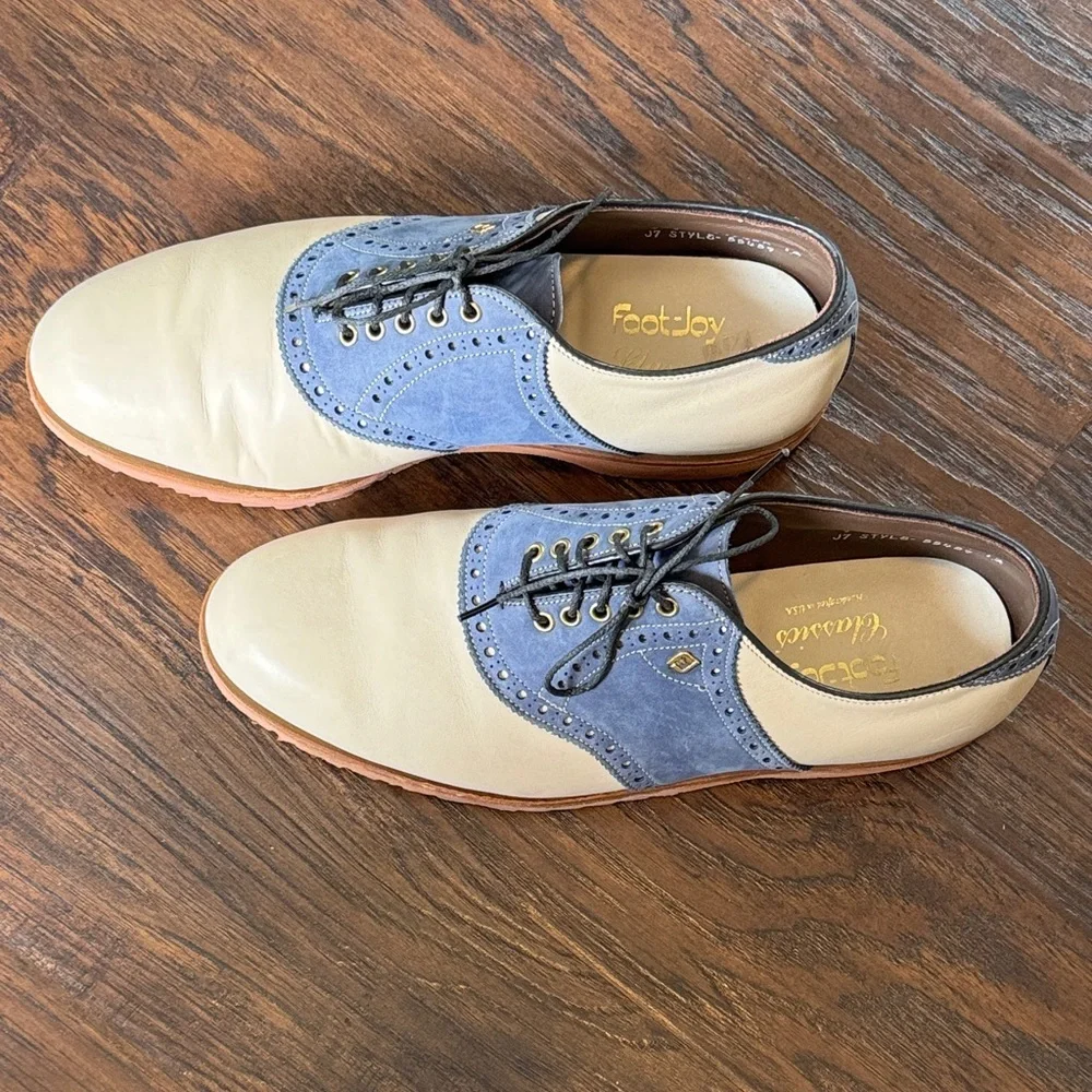 FootJoy Classics Two-Tone Saddle Oxfords in Cream and Blue Suede